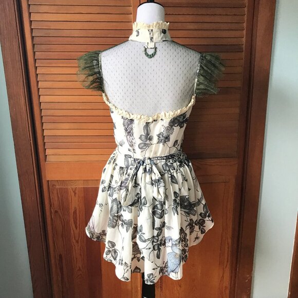 Lip Service Mecanique Menagerie Gothic Victorian Ivory & Green Chiffon Blouse M - Picture 7 of 11